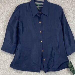 Lauren Ralph Lauren silk button down 4 petite navy blue gold buttons quiet lux